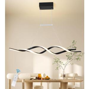 Jaycomey Modern Chandelier for Dining Room Dimmable LED Pendant Light with Remote Control, Acrylic Wave Chandeliers Adjustable Hanging Chandeliers for Bedroom Kitchen Living Room,3000K-6000K,28W,Black