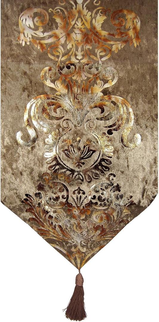 Elegant Luxury Shiny Bronze Velvet Damask Deco Tassels Wedding Party Hotel Restaurant Bed Table Runner Cloth (13inch x 82inch)
