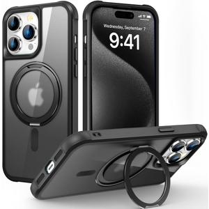Designed for iPhone 15 Pro Case with 360 Rotatable Magnetic Ring Stand [Compatible Mag-Safe] [Military Grade Protection] Translucent Matte Phone Cases for Women Men 6.1'', Black