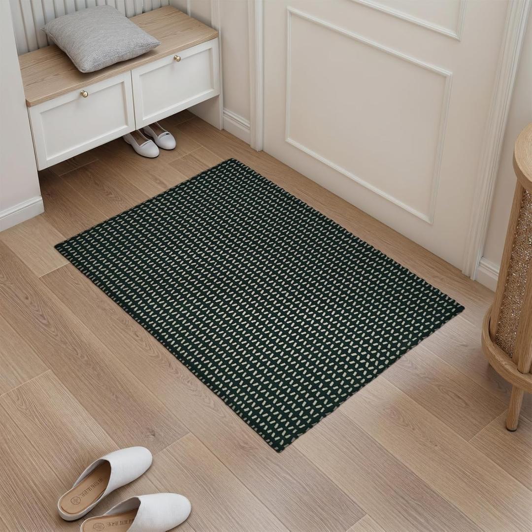 OJIA Washable Indoor Door Mats for Entryway 2'x3', Cotton Woven Black Front Door Mat Indoor Entrance, Small Entry Rugs Farmhouse Kitchen Rug, Rustic Bathroom Rug Throw Rugs for Doorway Bedroom