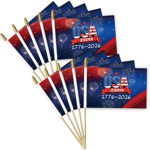 10 Pack 250th Anniversary Hand Held Flags - 5x8 Inch | Small Wooden Stick Flag for Events and Celebrations