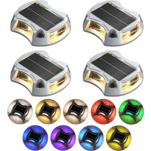 Solar Driveway Lights Solar Dock Lights 9 Colors in 4 Pack, Waterproof IP68, Outdoor, for Driveway Markers, Pathway, Sidewalk, Marine Dock, Warning Step