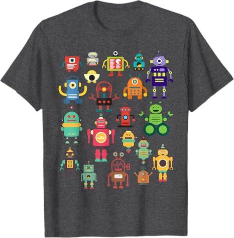 Cute Retro Colorful Robot Collection T-Shirt T-Shirt (XS, Dark Heather Grey)