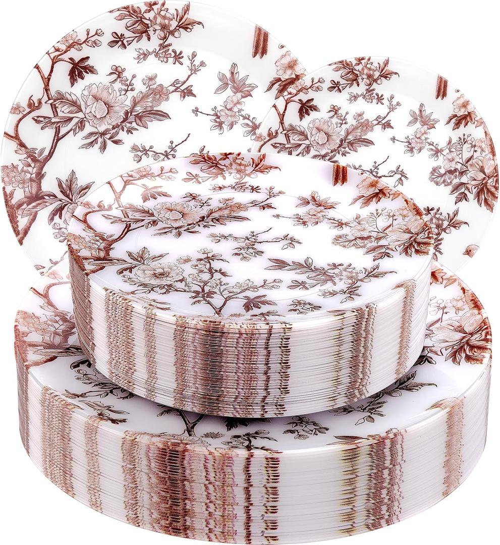 EjonirInjonir 60Pcs Heavy Duty Brown Floral Plates for Thanksgiving Party