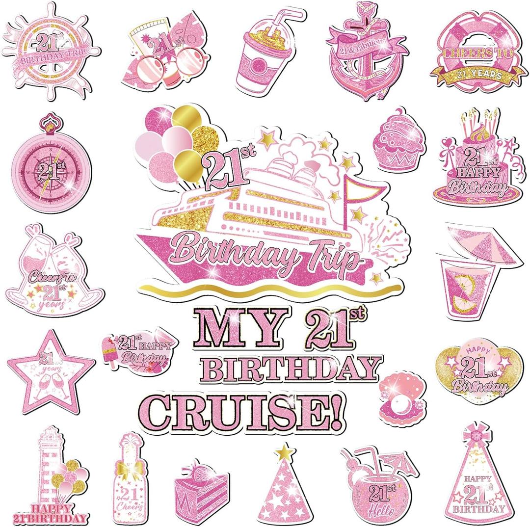 21st Birthday Cruise Door Magnets Decorations, Rose Gold Happy 21st Birthday Cruise Ship Door Decor Magnetic for 21st Women Men Anniversary Party Supplies Favors Door Refrigerator Fridge Car Kitchen