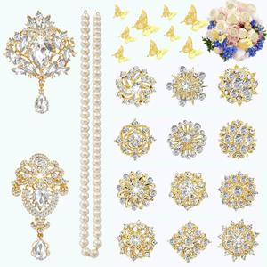 Gold Rhinestone Brooches Pin Kits Crystal Pearl Brooches for Bouquets for Wedding Decoration Accessories Jewelry Making Crafts(Gold-14PCS)