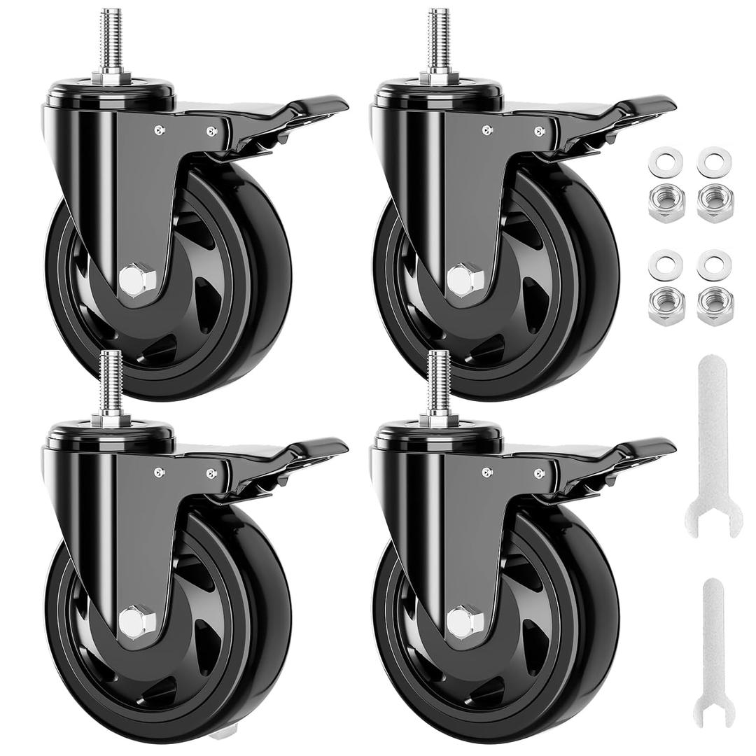 3 Inch Stem Caster Wheels 1600Lbs, Threaded Stem Casters Set of 4 Heavy Duty, 1/2"-13 x 1 (Screw Diameter 1/2", Stem Length 1"), Safety Dual Locking Industrial Castors, Wheels for Cart, Furniture