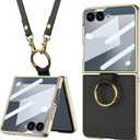 Lunivop Compatible with Samsung Galaxy Z Flip 7 Case with Crossbody Strap Lanyard Ring Kickstand PU Leather Cover Built in Small Screen Protector Full Coverage Phone Case(for Z Flip 7 2025 Black)