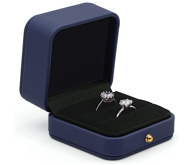 Ring Box Wedding Engagement Box, Square Leather Velvet Jewelry Ring Bearer Box, Premium Gorgeous Vintage Double Slots Ring Box for Proposal, Ceremony, Anniversary, Gift, Dusty Blue Double