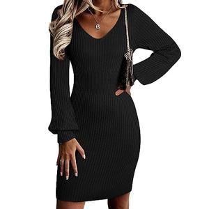 Sidefeel Fall Dresses for Women 2025 Casual Ribbed Knit Long Sleeve V Neck Pullover Sweaters Fall Fashion Winter Sexy Bodycon Sweater Dress M Black