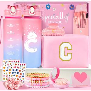 Awfrky Initial Makeup Bag - Birthday Gifts for Girls 4 5 6 7 8 9 10 11 12 Year Old Teen Girls, Personalized Teen Girl Gifts - Preppy Cosmetic Bags Cute claw clips for Kids Women (Pink C)