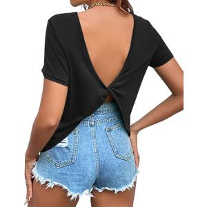 Women's Twist Backless Short Sleeve T Shirts Tops Round Neck Curved Hem Casual Workout Tee T-Shirts, Size XXL