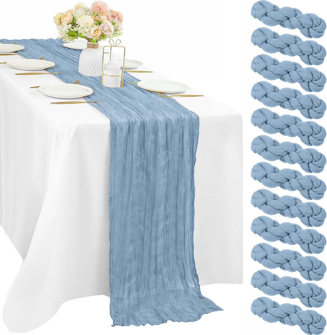 12 Pcs Dusty Blue Cheesecloth Table Runner 10FT Runner for Tables 35 x 120 Inches Long Gauze Boho Fabric Table Runner Decoration Rustic Sheer Runner for Wedding Birthday Baby Shower Party (Dusty Blue)