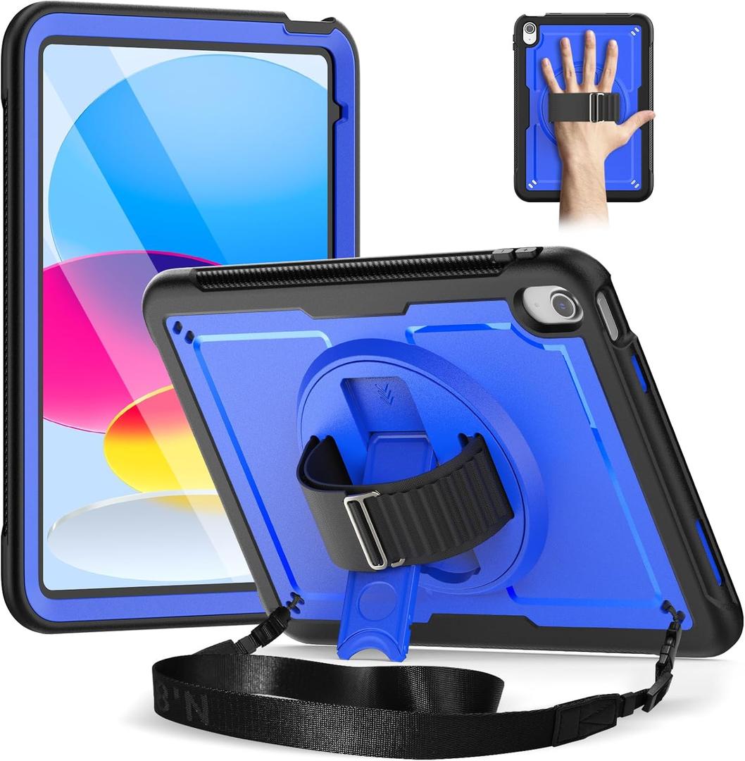 Timecity Case for iPad 11th/10th Generation 2025/2022: with Screen Protector, 360 Rotating Stand, Hand Strap, Shoulder Strap, Pencil Holder, Full-Body Shockproof Protective Case -Darkblue