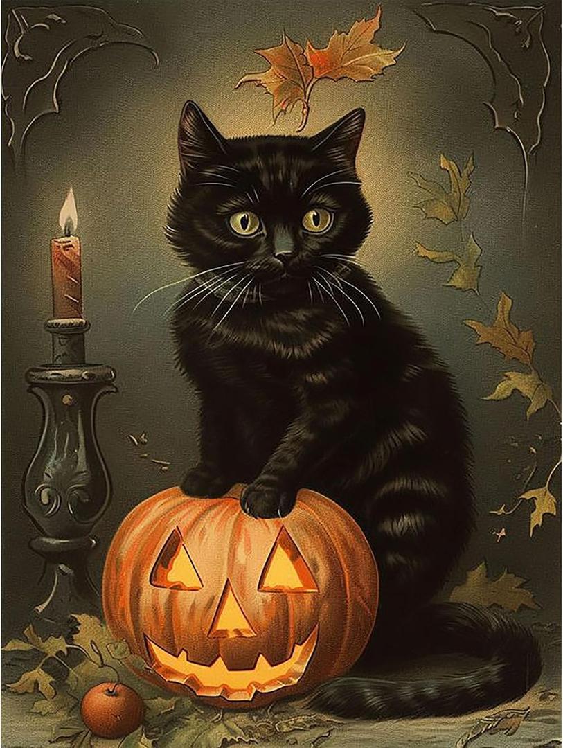 5 x Halloween Diamond Art Kits for Adults-Halloween 5D Diamond Painting, Cat Gem Art for Adults, Cats Gem Painting Kits for Wall Home Decor Arts Craft 12x16inch (G4728)
