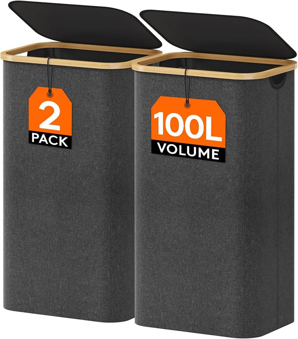 Lifewit 100L Laundry Basket with Lid, Clothes Hampers for Laundry with Bamboo Handles and A Removable Laundry Bag, Large Foldable Laundry Hamper for Bedroom, Bathroom, Dorm, Black, 2 Pack