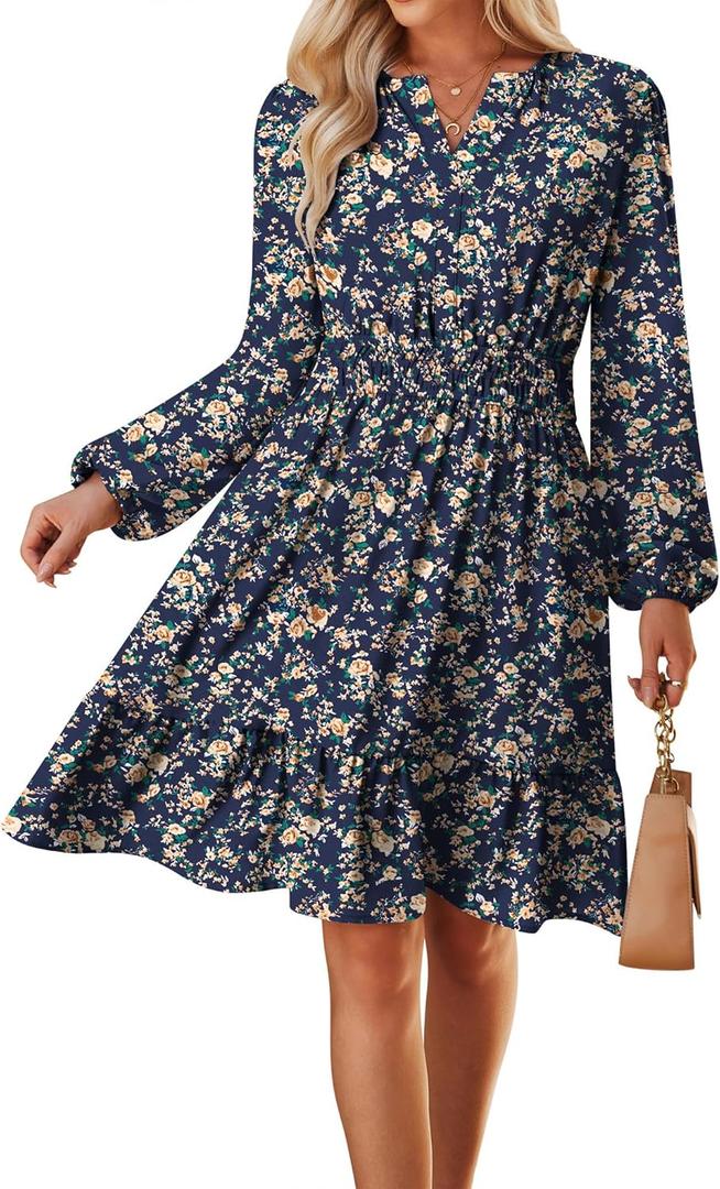 GRACE KARIN Fall Dresses for Women 2025,Casual Long Sleeve Mini Dress, Floral Wedding Guest Dress with Pockets (Large, Navy Brown)