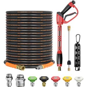 Pressure Washer Gun and Hose Kit, 4800PSI Flexible & Kink-Resistant - Steel Braided & Durable High Power Washer Hose 100 FT with 3/8" Swivel Quick Connector and M22 14mm Adapters & 5 Nozzles