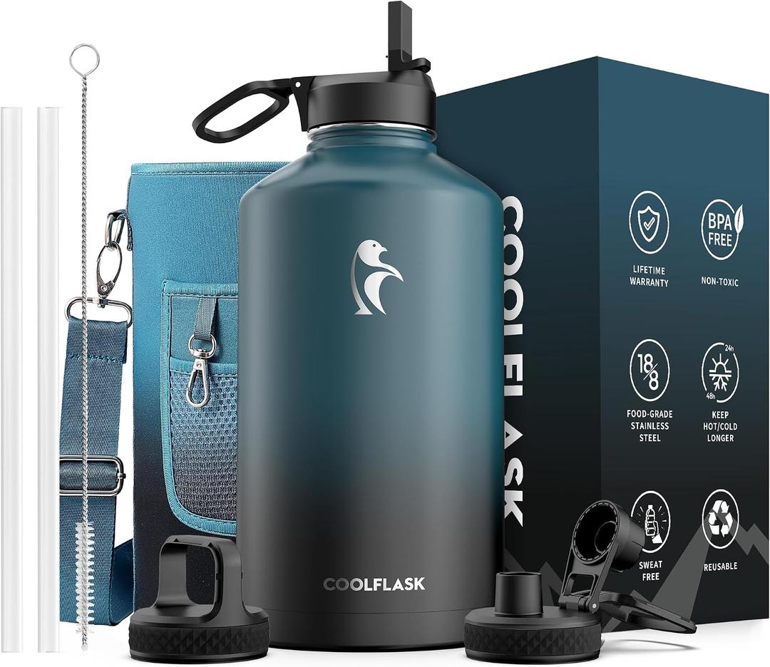 Coolflask 128 oz Gallon Water Bottle Insulated with Straw&3 Lids, Water Jug Large Stainless Steel Metal Vacuum Wide Mouth for Sports, Gym or Office, Non-BPA Keep Cold 48H Hot 24H, Samurai Cyan