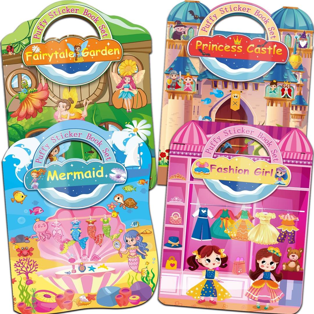 Dress Up Sticker Books for Girls Ages 2-4 4-8, Reusable Puffy 3D Sticker Books for Toddlers 2-4 Years, Include Princess Mermaid Fairy and Fashion Girl,Activity Book for Toddlers 1-3