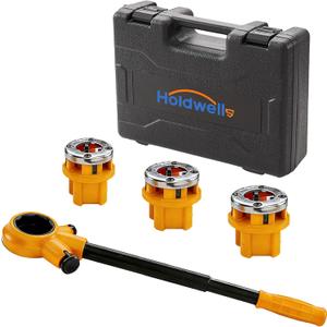 Ratchet Pipe Threader Kit w/ 3 NPT Dies (1/2", 3/4", 1"), Heavy-Duty 9SiCr Steel Threading Tool for Galvanized, Iron, Copper & Aluminum Pipes, Portable with Storage Case