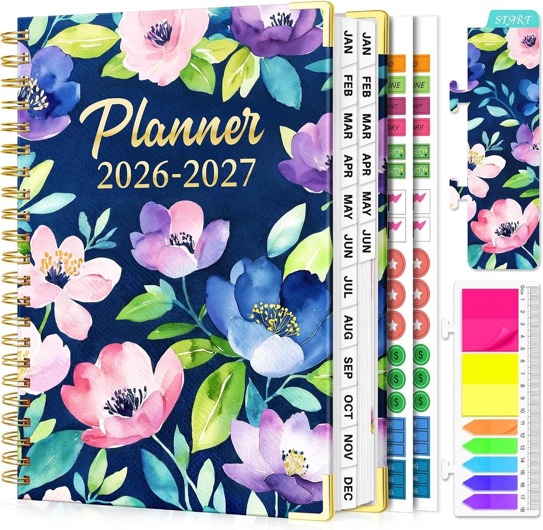 Planner 2026-2027, 18 Month Weekly and Monthly Academic Planner, Jan. 2026 - Jun. 2027, 9" x 11.6" A4 Large Hardcover Calendar Planner with Page Tabs, Separator Page, Inner Pocket, Bookmark, Stickers, Sticky Note Set