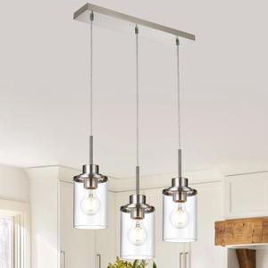3-Light Kitchen Island Lighting, Brushed Nickel Simplicity Bar Island Lights for Kitchen, Farmhouse Chandelier with Clear Glass Shades, Linear Hanging Dining Room Light Fixture Over Table