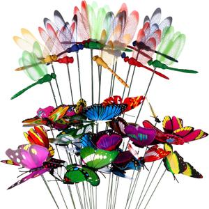 48 Pcs 3D Dragonfly Butterfly Garden Decor Dragon Fly Butterfly Garden Stakes with Sticks Colorful Butterflies Dragonflies Yard Art Ornaments for Indoor Outdoor Planter Pot Pathway Patio Decoration, 2.56 x 2.75 x 9.84 inches