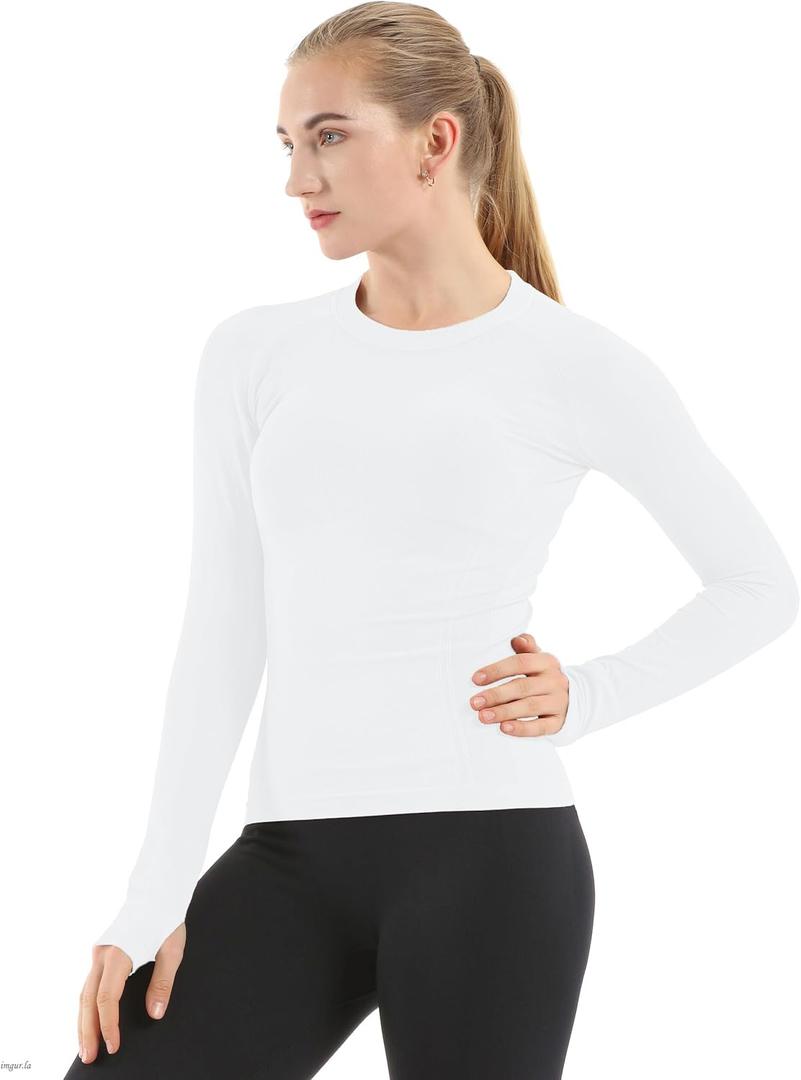 MathCat Seamless Workout Shirts for Women Long Sleeve Yoga Tops Sports Running Shirt Breathable Athletic Top Slim Fit (Small, White)
