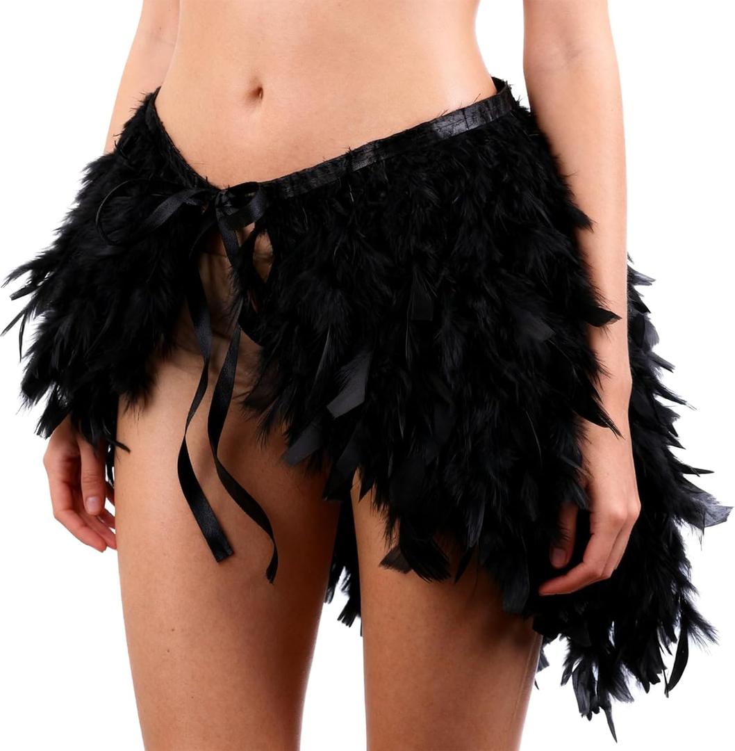 Womens Faux Feather Mini Skirt Sexy Mid Waist Mini A-line Feather Tutu Skirt for Halloween Carnival Party Black