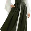 Renaissance Costume Women Medieval Costume Irish Set Dress Long Sleeve Peasant Dress Green L