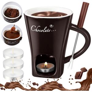 Honeydak Chocolate Fondue Mug with Fork and Candle Sweet Ceramic Personal Chocolate Melting Cup Chocolate Fondue Mug Ideal Gifts for Birthday Date Night Birthday Wedding Gifts (Brown)