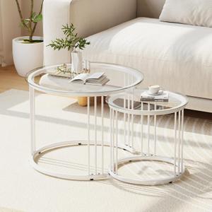 Garden 4 you Nesting Coffee Table, 23.6" Round Coffee Table Set of 2, Glass Nesting Table with Metal Frame, Ceter Tables for Living Room Bedroom Balcony, White, 23.6" x 23.6" x 19.7"