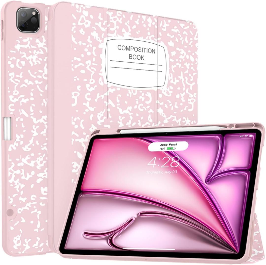 Soke Case for iPad Air 13 Inch (M3/M2,2025-2024), iPad Pro 12.9" 6th/5th Generation with Pencil Holder(2021 2022 Release)-[Apple Pencil Charging + Auto Wake/Sleep] Soft Back Cover, Book Pink