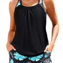 Women Blue Floral Tankini Swimsuits with Shorts - Two Piece Tummy Control Blouson Tankini with Two Pockets Bottom Bathing Suit XL
