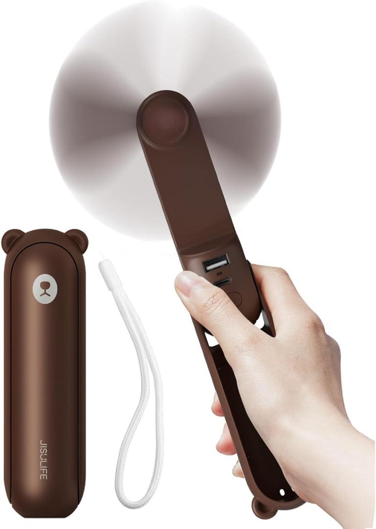 JISULIFE Handheld Fan with 4500 mAh Powerbank Max 37 Hours Runtime, Pocket Portable Battery Operated or USB Powered Folding Personal Fan, 3 Speeds, Gifts for Women Men Kids Gift for Festival-Brown