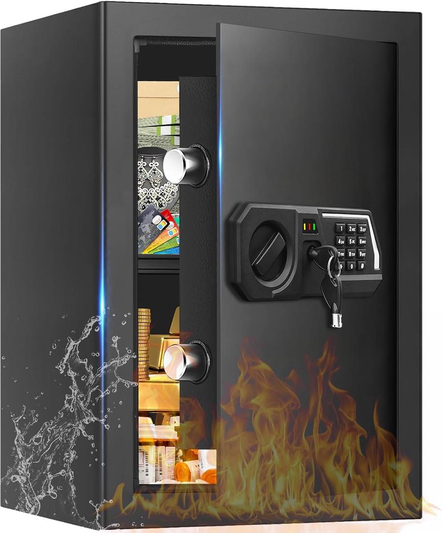 3.4 Cub Large Safes for Home Use, Digital Home Safe Box Fireproof Waterproof with Programmable Keypad, Spare Keys and Removable Shelf, Anti-Theft Fire Proof Safe for Document Money Valuables