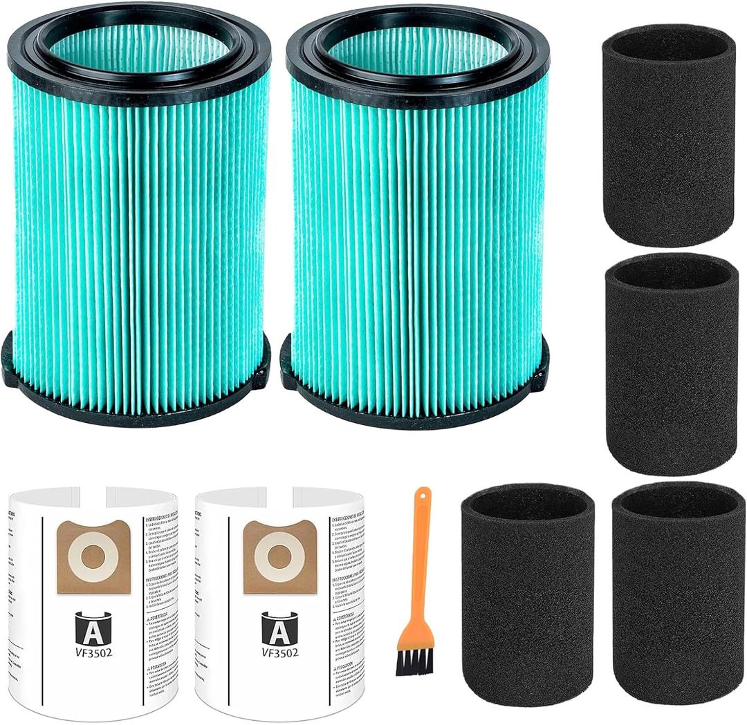 2 Pack VF6000 5-Layer Filter Replacement for Ridgid Wet Dry 5-20 Gallon Wet Dry Vacuums WD5500 WD0671 WD6425 WD7000 WD1280 WD1851 RV2400A RV2600B, 2 Pack VF3502 Shop Vac Bags, 4 Pack Foam Sleeve