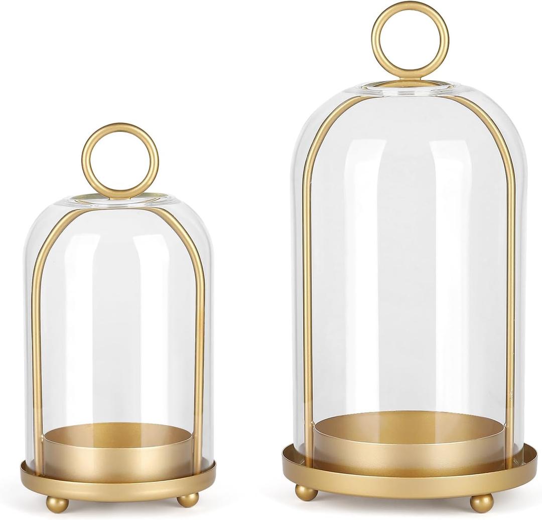 Versatile Metal Candle Holder Set with Handmade Glass Dome,Antique Brass Pillar Candle Stand, 5.2" & 4.1" Wide for Tabletop or Hanging, Industrial & Farmhouse Decor