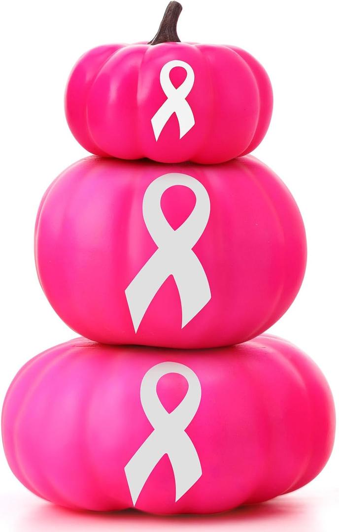 3 Pcs Breast Cancer Awareness Decorations Artificial Pumpkins Bulk Faux Foam Pumpkins with Pink Ribbon Pattern for Fall Halloween Table Decor (Hot Pink, 4.33 Inch, 6.3 Inch, 7.87 Inch)