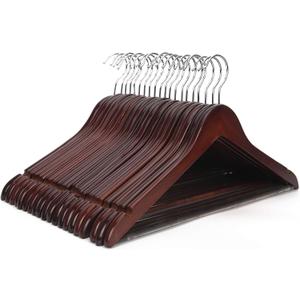 JS HANGER Wooden Coat Hangers, 20 Pack High Grade 17.5 Inch Wood Suit Hangers with Non Slip Pant Bar - Extra Smooth and Splinter Free Walnut Finish Wooden Suit Hangers for Closet Organization