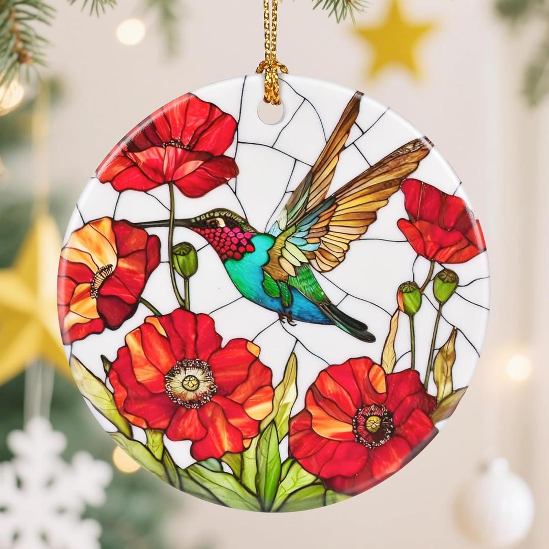 Ceramic-Style Christmas Tree Decorations, Christmas Ornaments, Double-Sided Printed Ornament Keepsakes, Holiday Decor. Xmas Gifts, Gifts for Hummingbird Lovers - Hummingbird-Themed