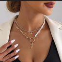 Sttiafay Boho Layered Pearl Cross Necklace Paperclip Cross Pendant Necklace Gold Star Choker Necklace Chain Baroque Pearl Bead Necklace Jewelry for Women