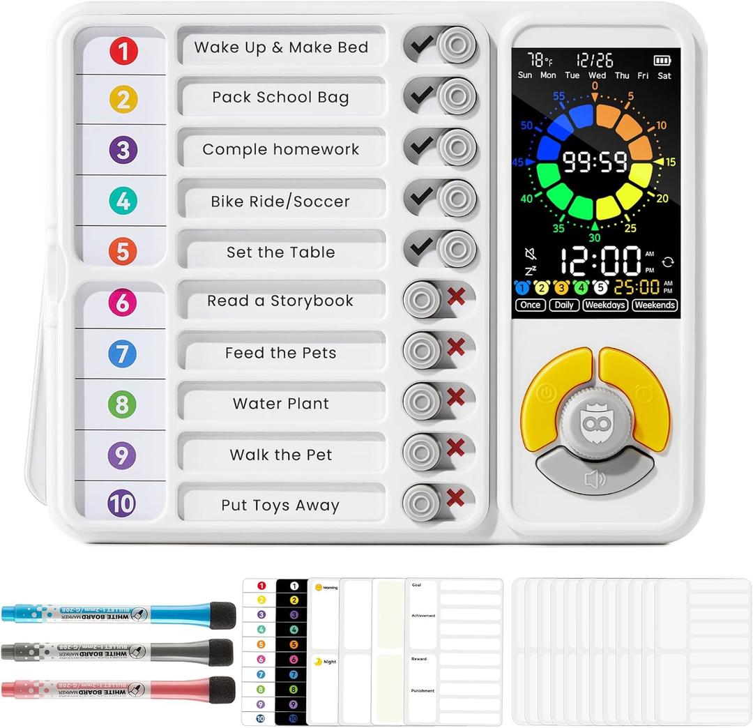 3-in-1 Visual Timer & ADHD Tool for Kids and Adults, 12/24H Silent Task Timer with Chore Chart, Visual Schedule for Children with Autism, Daily Checklist with Pomodoro Timer, Alarm Clock - White