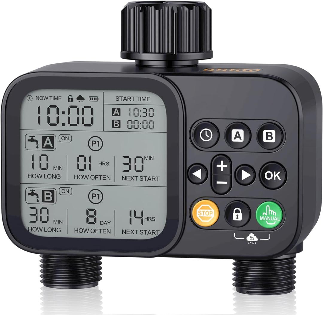 Sprinkler Timer for Outdoor Garden Hose, 2 Outlet 8 Programmable Water Timer with Rain Delay & Manual/Automatic Modes, Weatherproof Irrigation System for Water Garden Kits, Large LCD Display