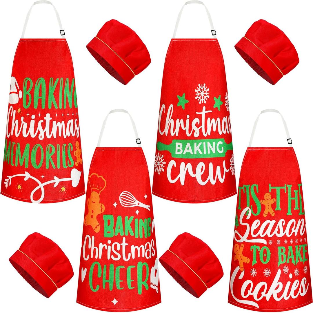 Hoolerry 4 Set Christmas Kids Apron and Chef Hat Snowman Deer Elf Santa Apron for Kitchen Baking Cooking Painting Wear(Cute)