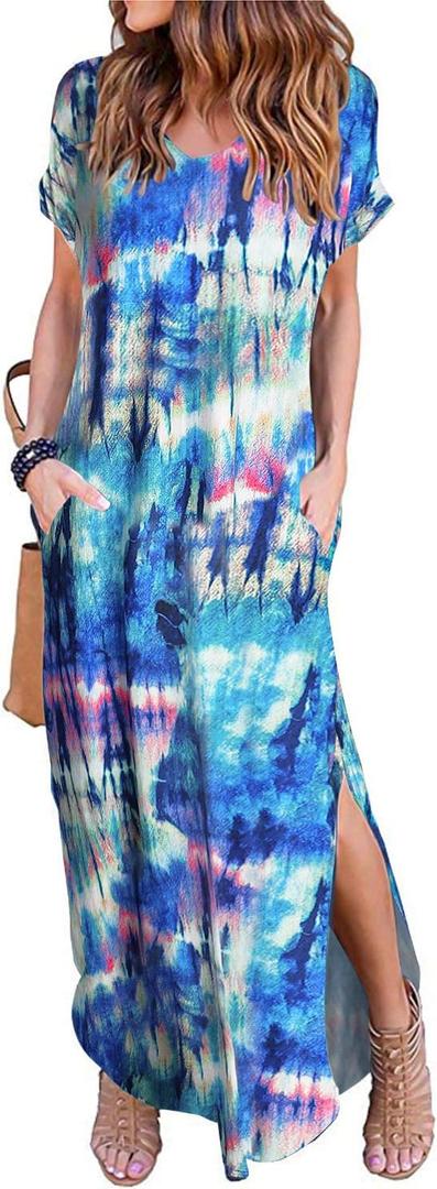 Arolina Women's Summer Maxi Dress Short Sleeve V Neck Casual Loose Long Beach Split Dresses with Pockets Size XL (Floral Blue)