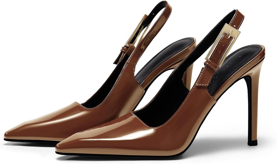 Coutgo Women's Slingback High Heels Pointed Toe Stilettos Metal Buckle Dress Party Pump Shoes (Brown), Size 7