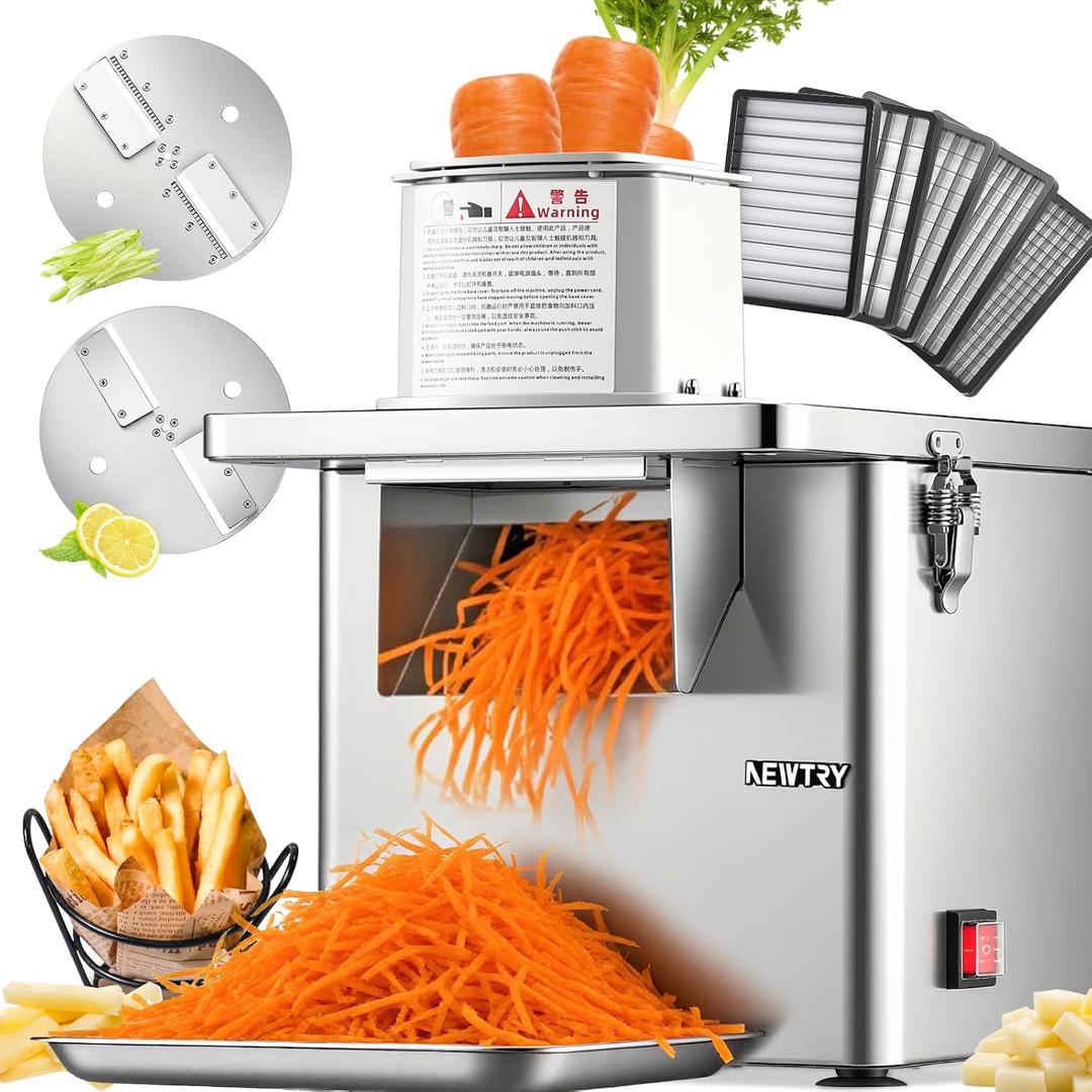 NEWTRY Commercial 4 in 1 Vegetable Processor, 250W Electric Fruit Dicer
with Slicer Shredder 6/8/10/13mm Dicing Grids, Automatic Slicer Shredder for Potatoes Carrots, Stainless Steel