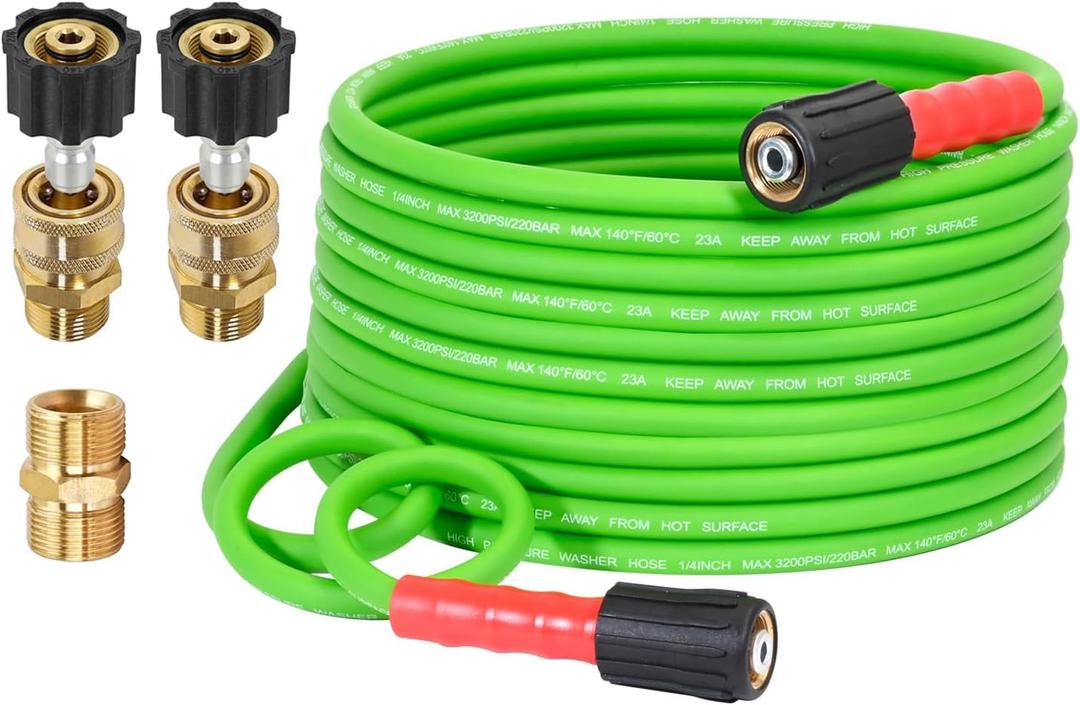 YAMATIC Super Flexible Pressure Washer Hose 30FT for Power Washer Replacement, Kink Resistant Extension With Leak-Free M22 Female & 3/8" Quick Connect Adapters, 1/4" 3200 PSI, Green
